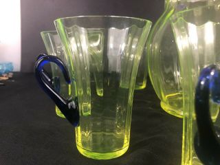 Vintage Vaseline Glass Pitcher And 10 Glasses With Cobalt Handles Uranium Glass 6
