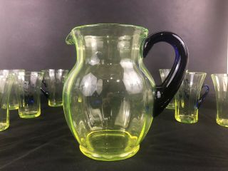 Vintage Vaseline Glass Pitcher And 10 Glasses With Cobalt Handles Uranium Glass 7