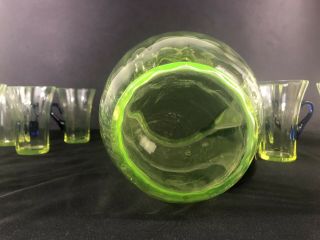Vintage Vaseline Glass Pitcher And 10 Glasses With Cobalt Handles Uranium Glass 8