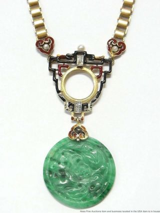 Antique Jadeite Jade Diamond 14k Gold Red Black Enamel Necklace Very Art Deco