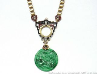 Antique Jadeite Jade Diamond 14k Gold Red Black Enamel Necklace VERY Art Deco 2