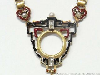Antique Jadeite Jade Diamond 14k Gold Red Black Enamel Necklace VERY Art Deco 3