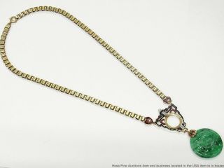 Antique Jadeite Jade Diamond 14k Gold Red Black Enamel Necklace VERY Art Deco 5