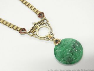 Antique Jadeite Jade Diamond 14k Gold Red Black Enamel Necklace VERY Art Deco 6