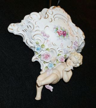 French Vintage Porcelain Or Bisque Cherub Adorned Hanging Wall Decorative Piece