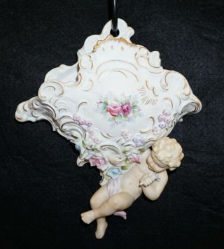French Vintage Porcelain Or Bisque Cherub Adorned Hanging Wall Decorative Piece 2