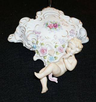 French Vintage Porcelain Or Bisque Cherub Adorned Hanging Wall Decorative Piece 4
