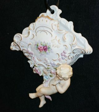 French Vintage Porcelain Or Bisque Cherub Adorned Hanging Wall Decorative Piece 6
