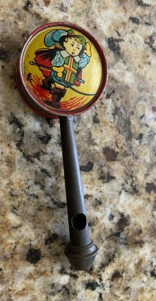 Antique 19th C Tin Baby Rattle Whistle With Boy Knight Litho Irish