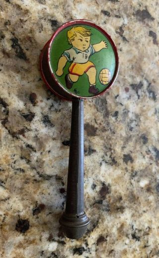 Antique 19th c Tin Baby Rattle Whistle with Boy Knight Litho Irish 3