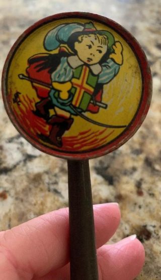 Antique 19th c Tin Baby Rattle Whistle with Boy Knight Litho Irish 7