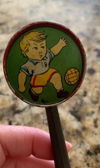 Antique 19th c Tin Baby Rattle Whistle with Boy Knight Litho Irish 8