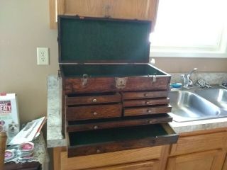 H.  Gerstner & Sons Vintage Oak Machinist 7 Drawer Tool Box Chest No Key 3