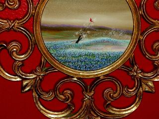 Red Bird Trees Texas Bluebonnet Landscape Vintage By Atman Oil Painting