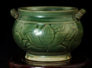 China Old Hand - made Green Glaze Porcelain Hand Painted Lotus Incense Burner B02 3