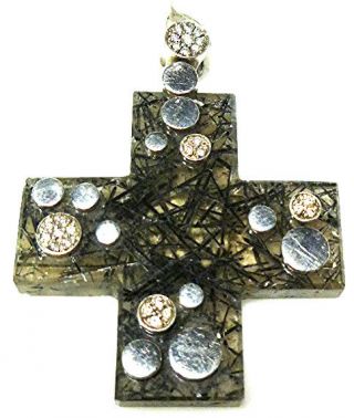 John Hardy Sterling Silver Diamond Rutilated Quartz Cross Religious Pendant