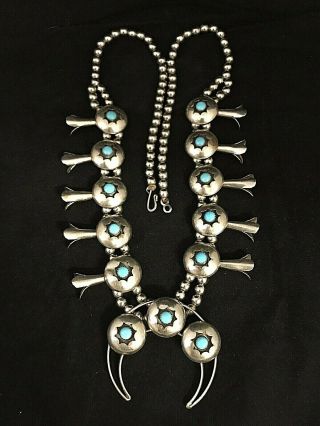 Vintage German Silver And Turquoise Shadowbox Squash Blossom Necklace