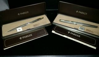 2 Vintage Parker 75 Sterling Silver Pen & Fountain Pen Still In Boxes
