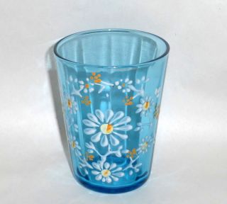 Antique 4 " Blue Water Glass Tumbler With Enamel White Daisy Hand Painting