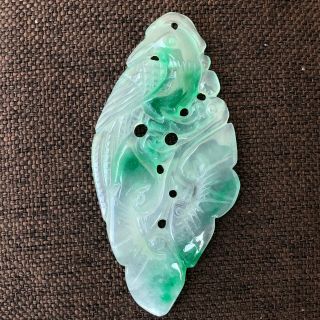 Collectible Chinese Natural Ice Green Jadeite Jade Handwork Bird & Ruyi Pendant