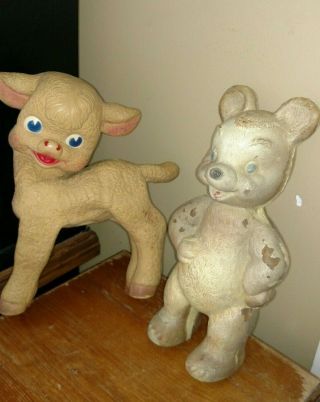 2 Vintage Mid Century 1950s Baby Toys - 11 " Gerber Spongy Bear & 10 " Rempel Lamb