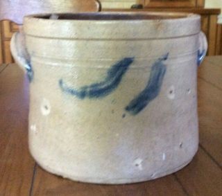 Antique 2 Gallon Stoneware Crock With Handles & Cobalt Blue Accent -