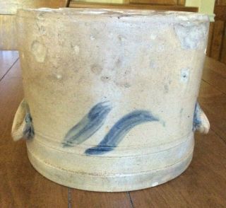 Antique 2 gallon stoneware Crock with handles & cobalt blue accent - 4