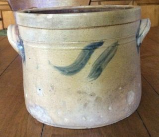 Antique 2 gallon stoneware Crock with handles & cobalt blue accent - 5