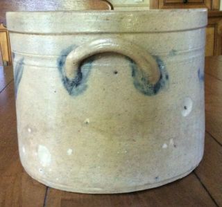 Antique 2 gallon stoneware Crock with handles & cobalt blue accent - 6