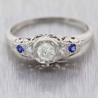 1920 Antique Art Deco Estate Platinum.  34ctw Diamond Sapphire Engagement Ring A9