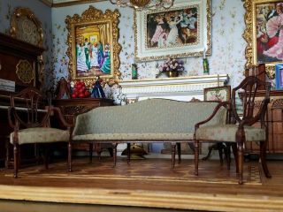 Antique Vintage Dollhouse Miniature Artisan Federal Sofa & 2 Shield Chairs 1:12 2