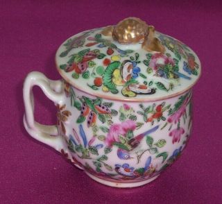 Vintage Circa 1880 Chinese Rose Medallion Covered Cup Twig Handle