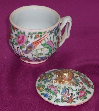 Vintage Circa 1880 Chinese Rose Medallion Covered Cup Twig Handle 2