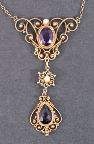 Antique Victorian Period 14kt Old - Gold Amethyst & Pearl Festoon Necklace