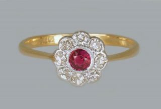Antique Ruby & Diamond 18ct Gold Daisy Ring Vintage Edwardian 1920s Cluster Ring