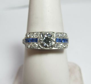 Deco Very Highly Desirable Solid Platinum Ring W/ Natural Diamonds & Sapphires