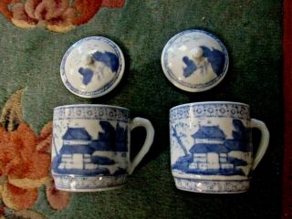 Estate Set Of 2 Japanese Hand Painted Blue / White Ware Handled Lrg Tea Cups