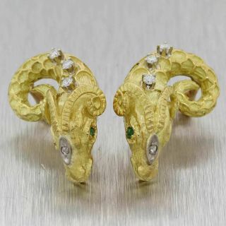 Aries Ram Vintage Estate 18k Yellow Gold Diamond & Emerald Earrings