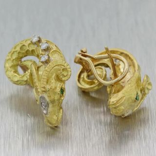 ARIES RAM Vintage Estate 18K Yellow Gold Diamond & Emerald Earrings 2