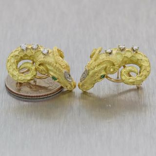 ARIES RAM Vintage Estate 18K Yellow Gold Diamond & Emerald Earrings 4