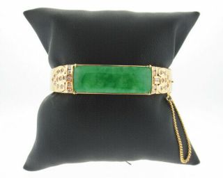 Vintage Estate Green Jade Diamond Solid 14k Yellow Gold Handmade Bangle Bracelet