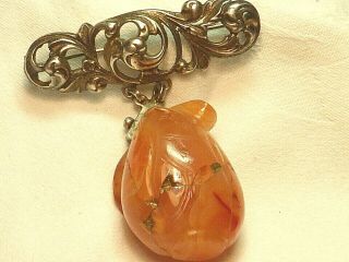 Antique Chinese Carved Carnelian Agate Silver Mounted Pendant Brooch Pin