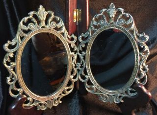 Vintage Made In Italy Small Ornate Solid Brass Oval Wall Mirrors