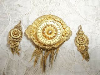 Antique Victorian 14k Brooch & Pierced Earrings Set Hi Relief Design 33.  7 Grams