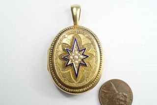 Antique Victorian English 15k Gold Blue Enamel Pearl Star Photo Locket C1870