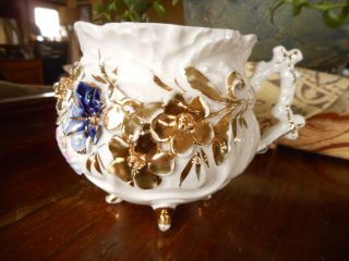 Rare Mustache Tea Cup Footed 4 Legged Flowers Design Unique Antique Gold Blue