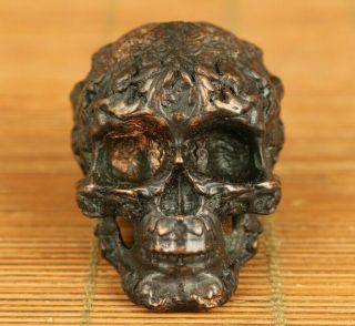 Rare Old Copper Hand Carving Skull Head Statue Netsuke Table Home Decoration