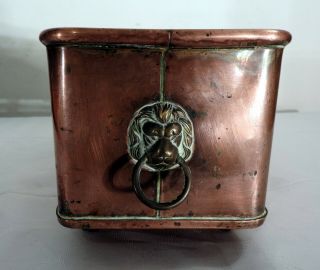 Medium Size Antique Copper & Brass Garden Planting Trough Jardiniere Lion Handle 2