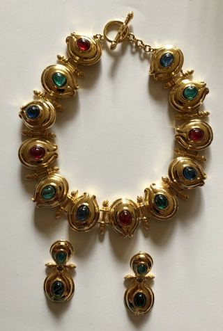 Fendi 1980s Goldplated Cabochon Necklace & Earrings Vntage