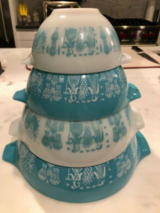 Vintage Pyrex Cinderella Nesting Mixing Bowls Set 4 Amish Butterprint Turquoise